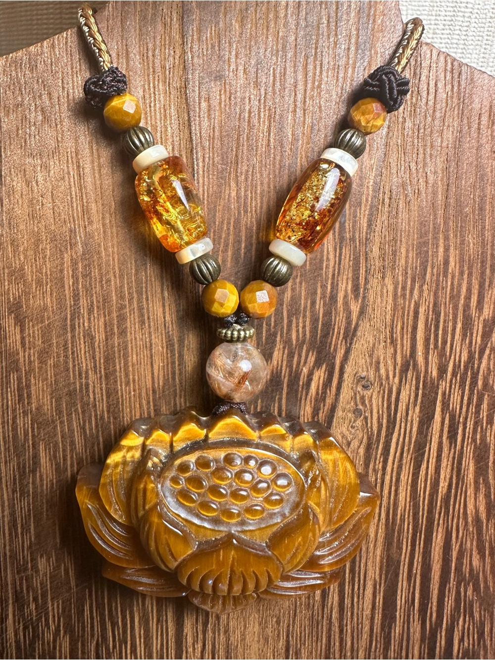 Tiger’s Eye Lotus Pendant Necklace with Golden Rutile and Amber on Rope - Picture 3 of 16